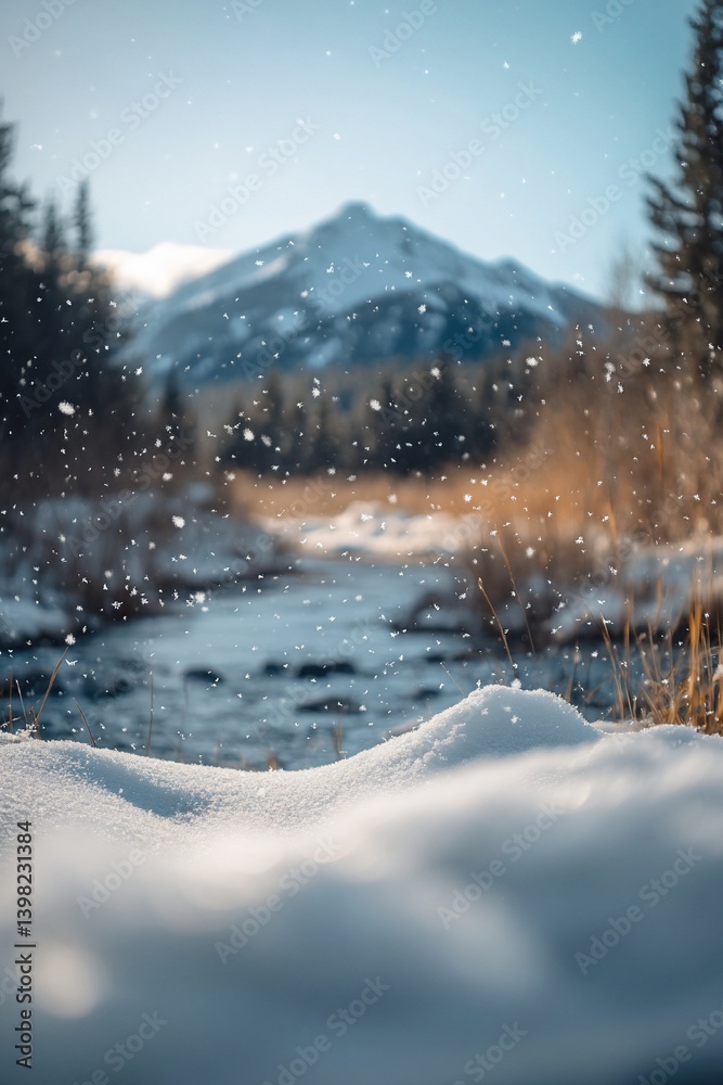 Fototapeta premium Snow falling over a calm stream with a mountain in the background.