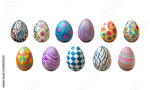 Artistic Painted Easter Eggs Collection on Transparent Background, Festive Spring Decor, cut out.