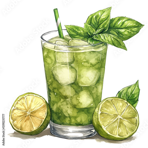 Lemon Basil Spritzer, watercolor illustration, isolated on a white background.

