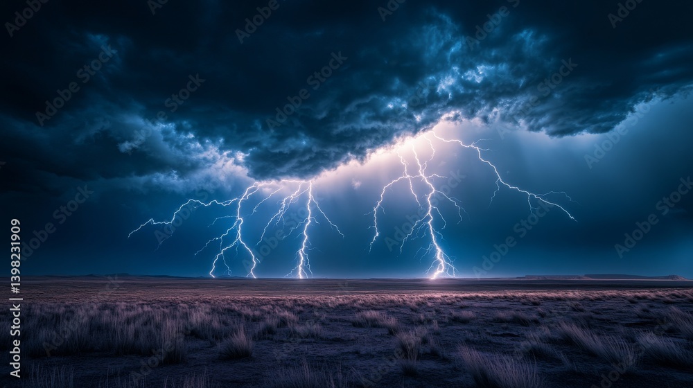 A dramatic lightning storm electrifies the night sky. This stunning scene captures the raw power of nature. Feel the energy in the atmosphere. Generative AI.