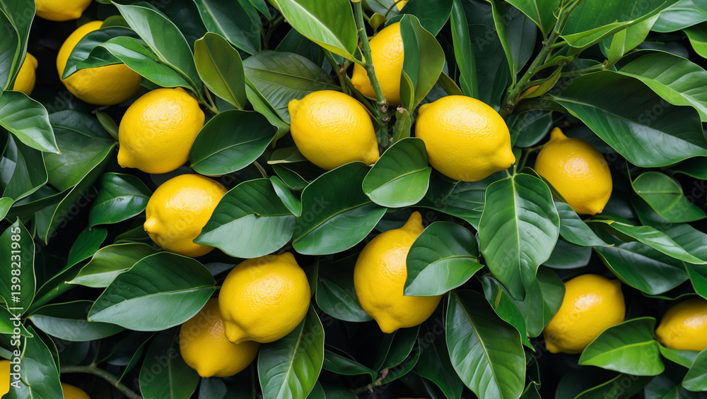 Abundance Of Fresh Yellow Lemons Growing Amongst Vibrant Green Leaves Abundance Of Fresh Yellow Lemons Growing Amongst Vibrant Green Leaves