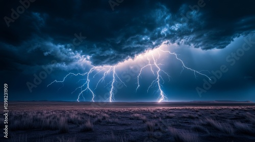 Obraz na płótnie A dramatic lightning storm electrifies the night sky. This stunning scene captures the raw power of nature. Feel the energy in the atmosphere. Generative AI. w salonie