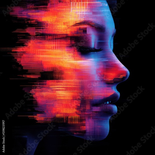 Abstract portrait of a woman's face, rendered in vibrant, dynamic streaks of red, orange, and blue light against a black background.