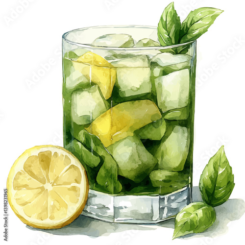 Lemon Basil Spritzer, watercolor illustration, isolated on a white background.

