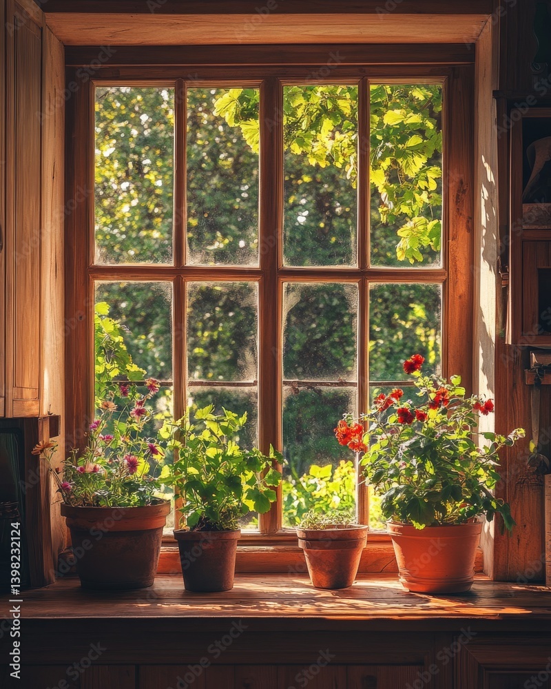 A beautiful window filled with potted plants. Sunlight streams in highlighting the vibrant greenery. A perfect blend of nature and indoor charm. Generative AI