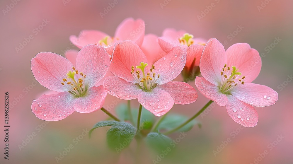 Delicate pink blossoms in soft focus. Close-up view of several flowers with vibrant pink petals and subtle water droplets. Soft, pastel background creates a dreamy atmosphere Delicate pink blossoms in soft focus. Close-up view of several flowers with vibrant pink petals and subtle water droplets. Soft, pastel background creates a dreamy atmosphere