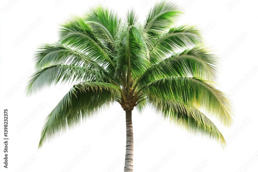 A single palm tree with vibrant green fronds isolated against a stark white background in a clear shot A single palm tree with vibrant green fronds isolated against a stark white background in a clear shot