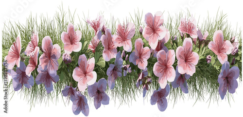 Vector top view full blossoms ornamental flowers png, floral row, colorful blooms, transparent background, flower petals, floral design, spring flowers, nature blossom
