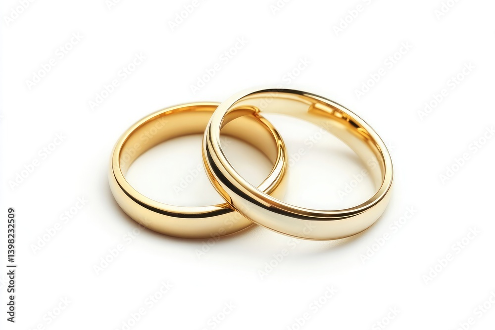 Two golden wedding bands intertwined on a pristine white background showcasing eternal commitment and love Two golden wedding bands intertwined on a pristine white background showcasing eternal commitment and love