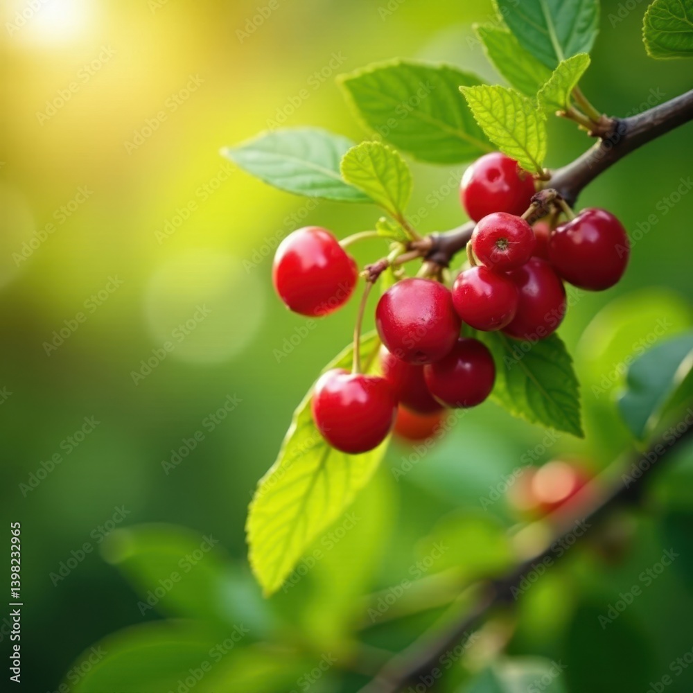 Sunlit coffee branch laden with ripe cherries ready for picking , farming, vietnam Sunlit coffee branch laden with ripe cherries ready for picking , farming, vietnam