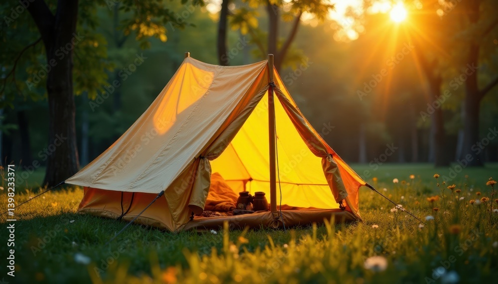Sunlit yellow canvas tent, antique lantern glow, glow, bright, equipment