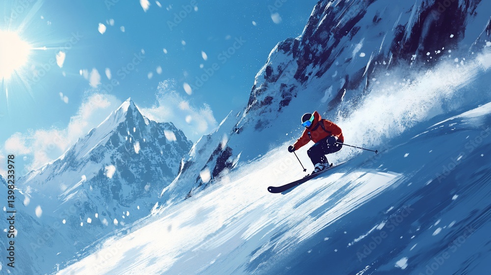 Skier descends a snowy mountain slope on a sunny day. Skier descends a snowy mountain slope on a sunny day.