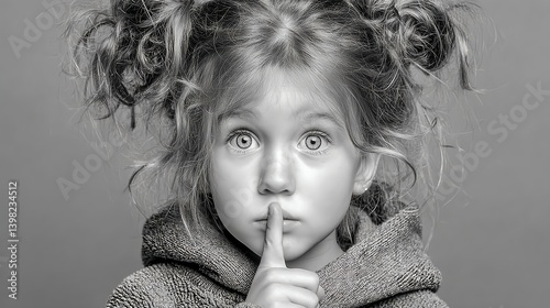 Quiet girl with finger on lips in black and white close-up