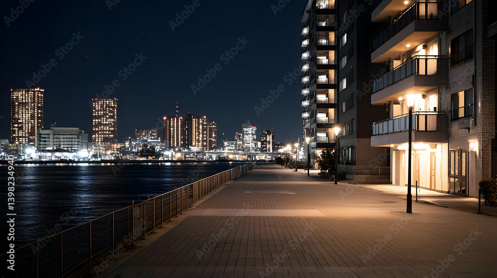 Fototapeta premium Night City Waterfront Path with Illuminated Buildings
