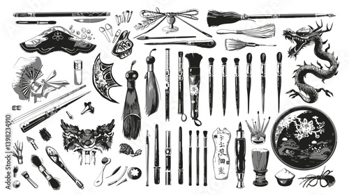 Hand-drawn japanese brushes in traditional sumi-e ink style with vector illustration of artistic elements and abstract calligraphy textures