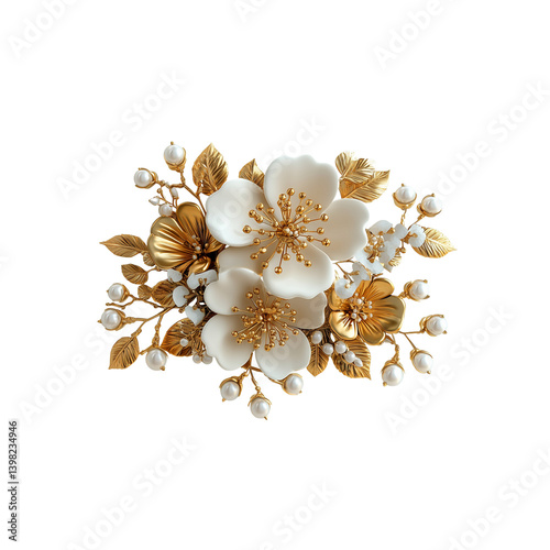 A decorative floral brooch featuring white blossoms, golden leaves, and pearl accents, elegant craftsmanship and intricate details.