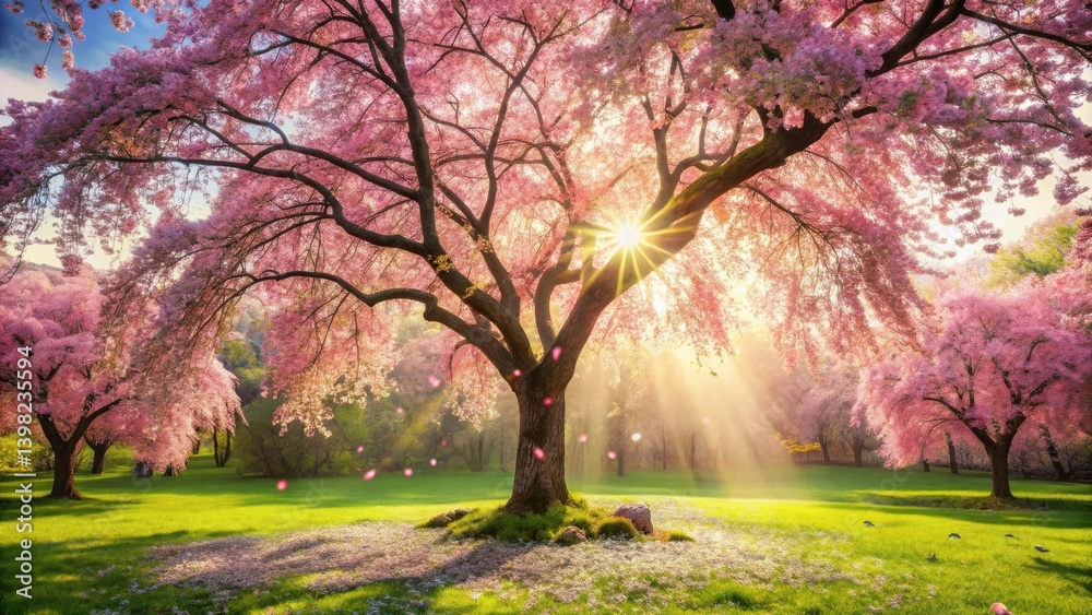 Serene Springtime Landscape Featuring a Majestic Flowering Tree Bathed in Golden Sunlight Serene Springtime Landscape Featuring a Majestic Flowering Tree Bathed in Golden Sunlight