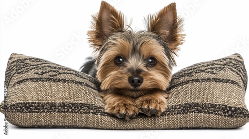 Adorable Yorkshire Terrier puppy resting on a comfy pillow, looking directly at the camera.