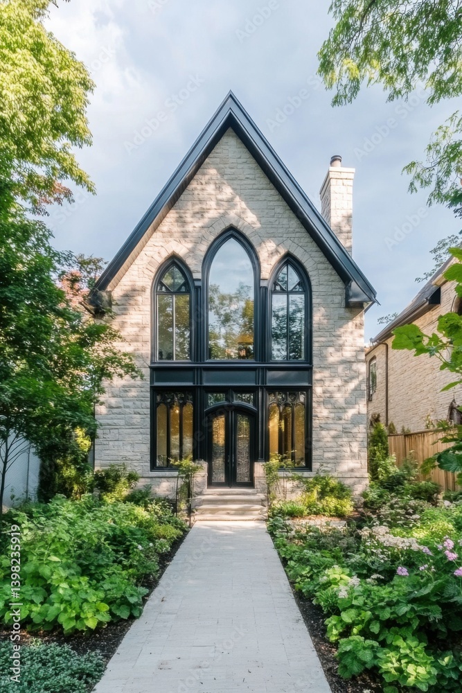 Charming stone house features elegant gothic architecture surrounded by lush greenery and a well-maintained garden in a serene neighborhood Charming stone house features elegant gothic architecture surrounded by lush greenery and a well-maintained garden in a serene neighborhood