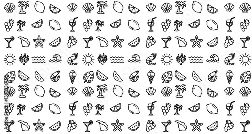 Summer vacation beach doodle pattern in black outline style, seamless repeating background with hand drawn tropical symbols for coloring book page, fabric print or wallpaper