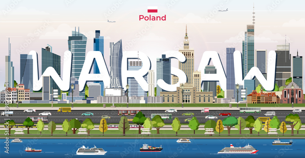 Warsaw cityscape colorful vector illustration with big city name on the background. Travel trendy poster