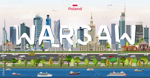 Obraz na płótnie Warsaw cityscape colorful vector illustration with big city name on the background. Travel trendy poster w salonie