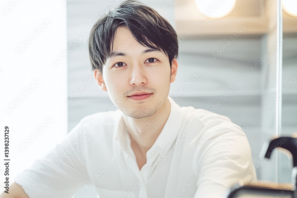 Young man smiling in a bright, modern bathroom setting with natural light Young man smiling in a bright, modern bathroom setting with natural light