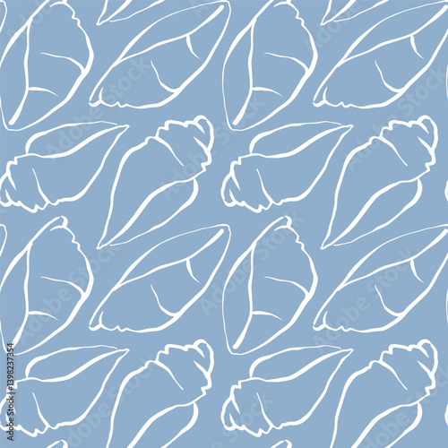 Hand drawn sea shells blue white seamless pattern in doodle sketchy style on blue background. Line art sea shell vector background
