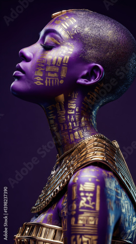 Futuristic portrait of African woman in purple and gold cyber makeup with glowing patterns and sci-fi theme – Phone wallpaper
