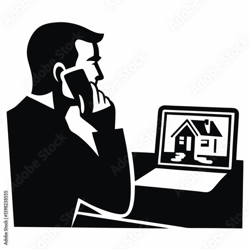 Man calling while looking at house on laptop screen