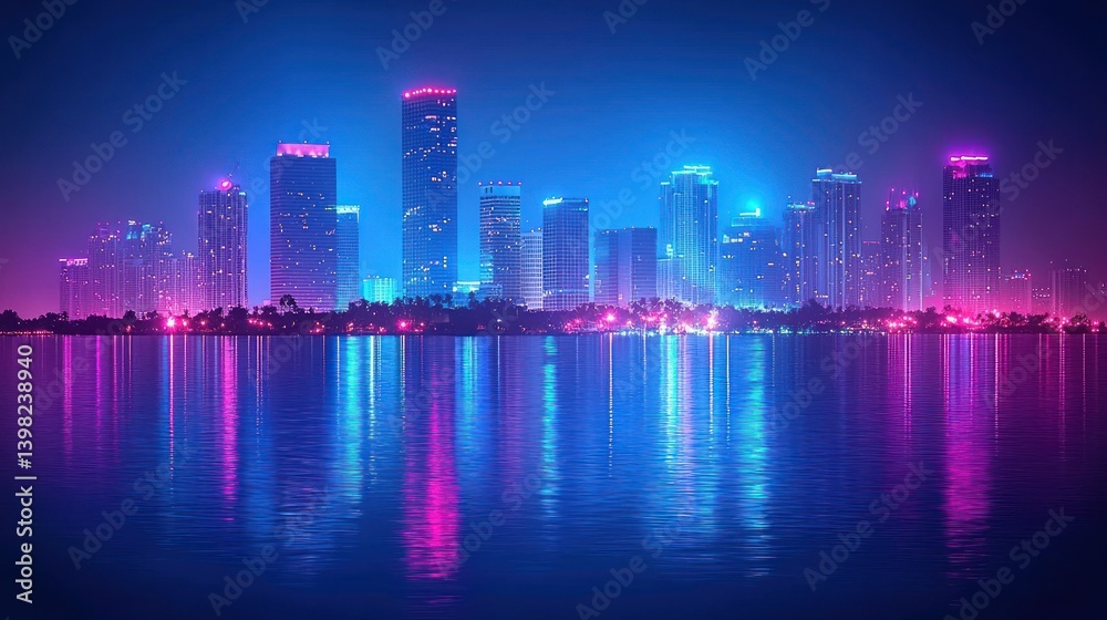 Obraz premium Miami Nightscape: Neon City Skyline Reflected in Calm Waters