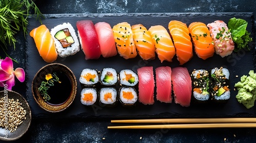 Obraz na płótnie Authentic Japanese Sushi Platter with Fresh Sashimi and Soy Sauce w salonie