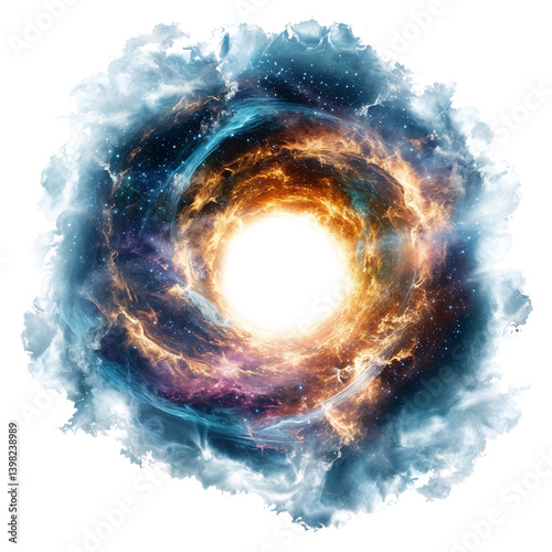 Spectacular cosmic vortex with brilliant golden center surrounded by swirling orange energy streams and ethereal blue clouds, depicting galactic forces in harmonious balance on starry space background