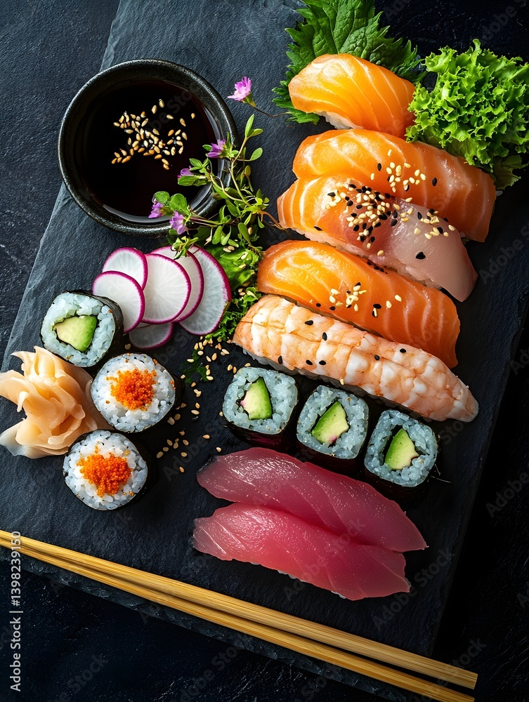 Authentic Japanese Sushi Platter with Fresh Sashimi and Soy Sauce
