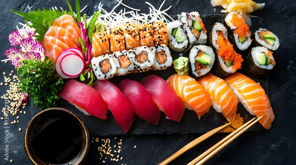 Authentic Japanese Sushi Platter with Fresh Sashimi and Soy Sauce