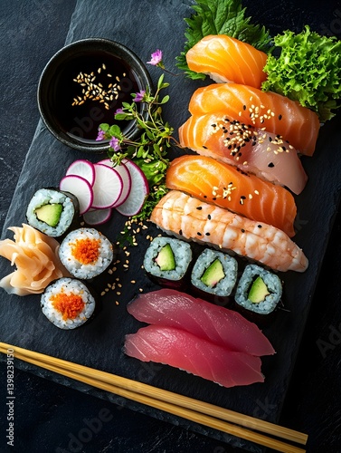 Obraz na płótnie Authentic Japanese Sushi Platter with Fresh Sashimi and Soy Sauce w salonie