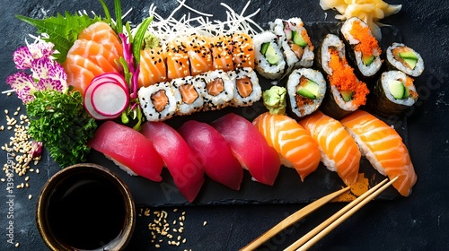 Obraz na płótnie Authentic Japanese Sushi Platter with Fresh Sashimi and Soy Sauce w salonie