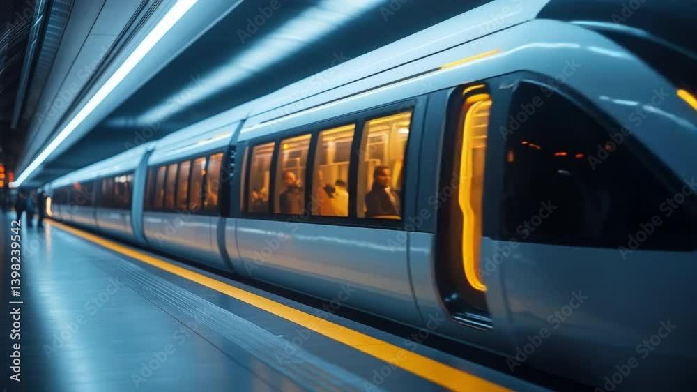 Modern Train in Subway: A sleek, futuristic train glides through a modern subway station, illuminated by the cool, ethereal glow of the tunnel, offering a glimpse of the journey ahead.