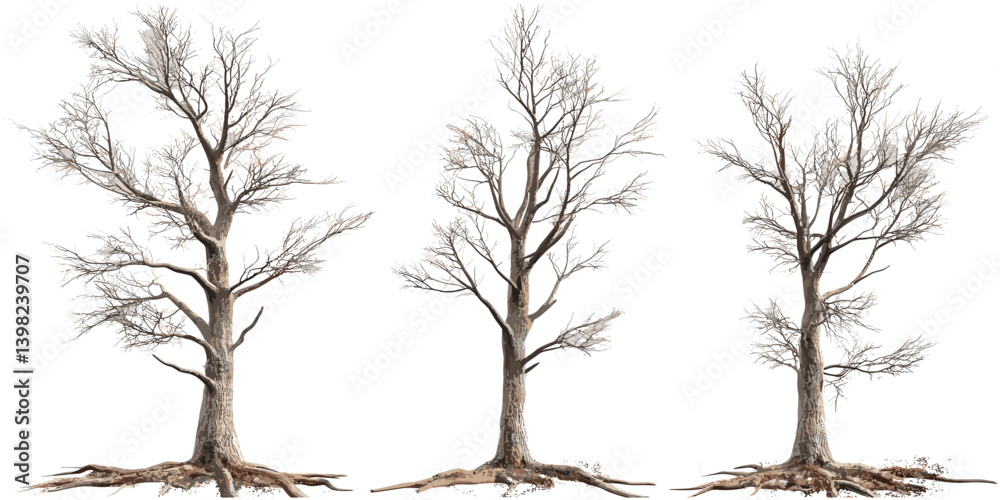 Obraz premium Dead pine trees vector, wood shapes, dry forest elements, pine silhouettes, tree trunks, bare branches, nature clipart, isolated pine outlines, abstract timber graphics