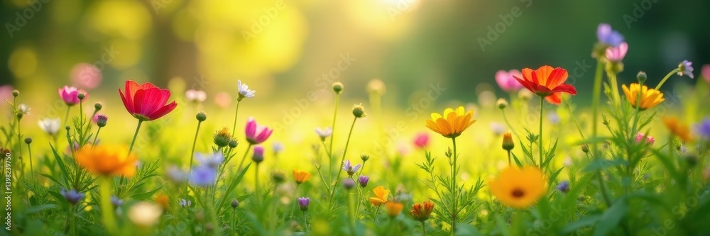 Fototapeta premium Vibrant wildflowers in lush meadow, sunny day, bloom, backdrop