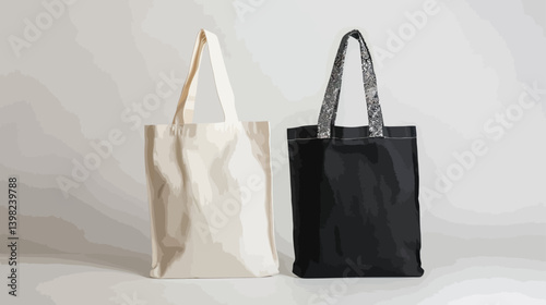 Blank canvas cotton totebag mockup for shopping groceries with reusable eco bag design template in black and white