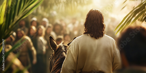 Jesus on Palm Sunday, Triumphal Entry into Jerusalem, on a donkey, received by the crowd