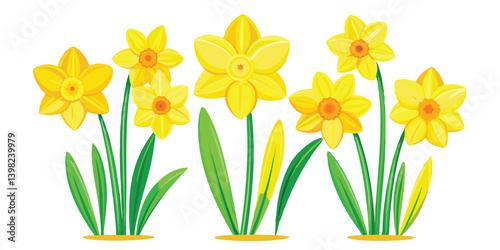 Bright Yellow Daffodils Vector Illustration, Fresh Blooming Daffodils Artwork, Colorful Daffodil Flower Garden Vector, Springtime Daffodil Flowers Clipart, Colorful Daffodil Flower Garden Vector
