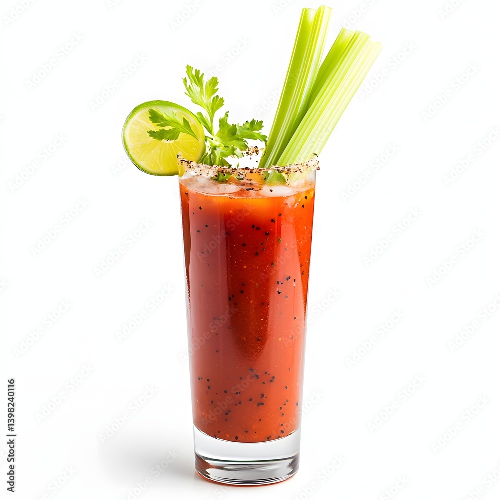 Bloody Mary in a Tall Glass with Celery and Lime on White Background