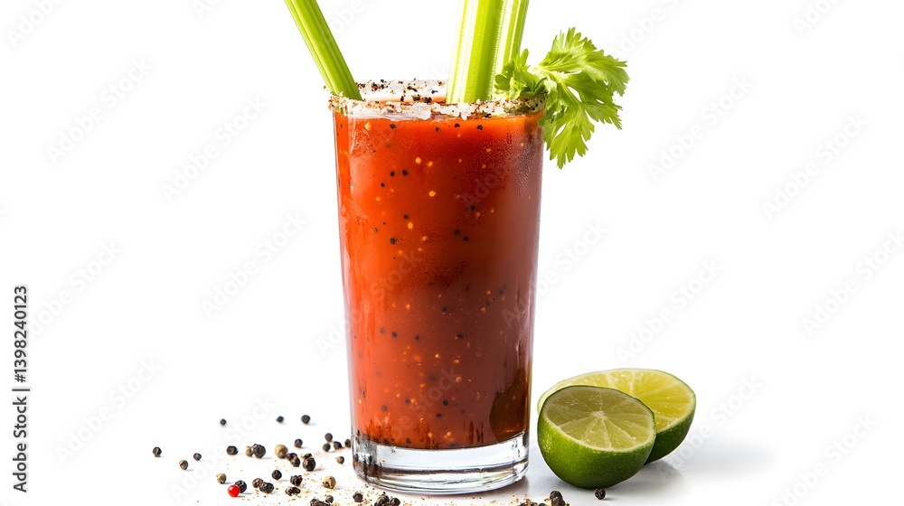 Bloody Mary in a Tall Glass with Celery and Lime on White Background