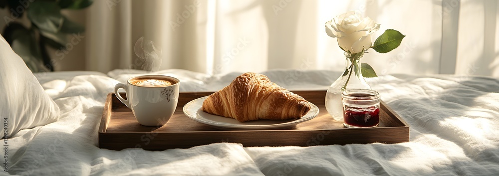 Breakfast in Bed: Cozy Morning with Fresh Croissants and Coffee