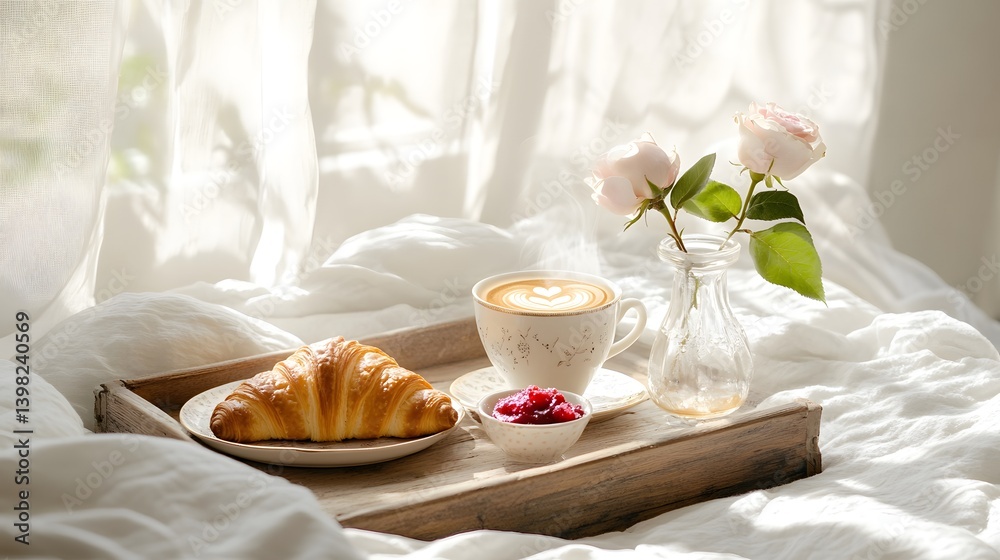 Breakfast in Bed: Cozy Morning with Fresh Croissants and Coffee