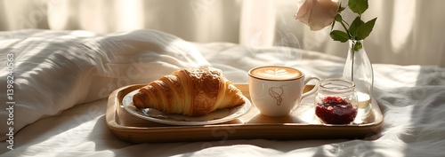 Obraz na płótnie Breakfast in Bed: Cozy Morning with Fresh Croissants and Coffee w salonie