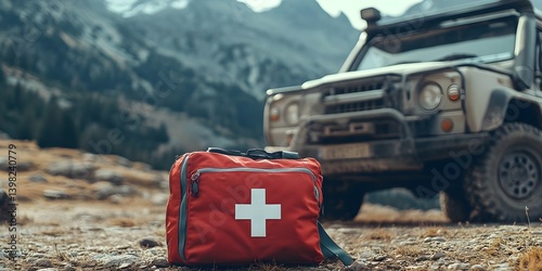 A red first aid kit lies on the ground in front of an off-road vehicle