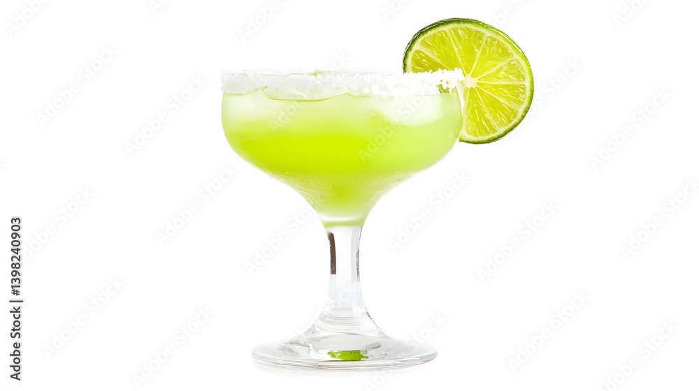 Classic Margarita Cocktail with Lime Wedge and Salt Rim on White Background